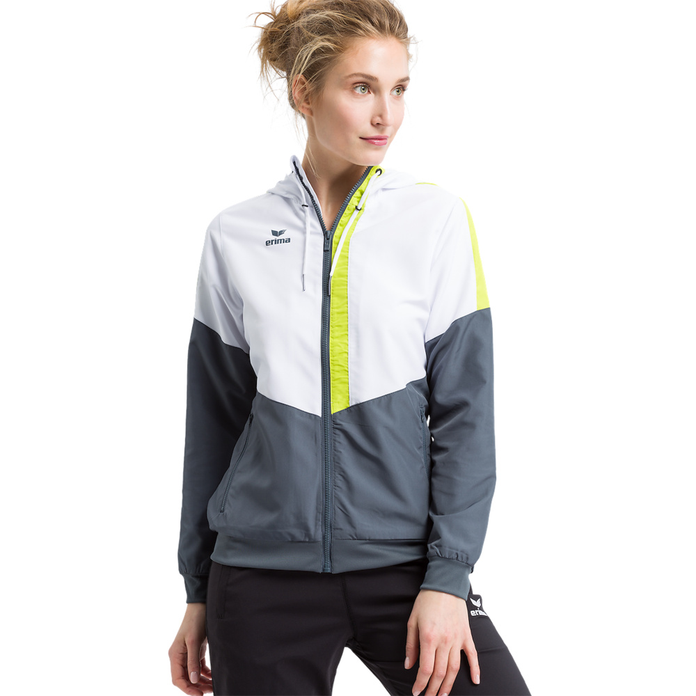 ERIMA SQUAD TRACK TOP JACKET WITH HOOD, WHITE-SLATE GREY-LIME WOMEN. 