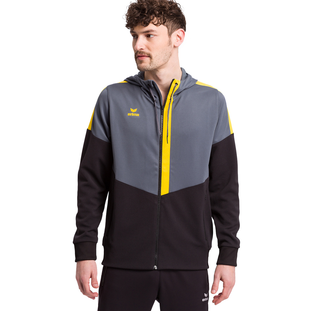 ERIMA SQUAD TRAINING JACKET WITH HOOD, SLATE GREY-BLACK-YELLOW MEN. 