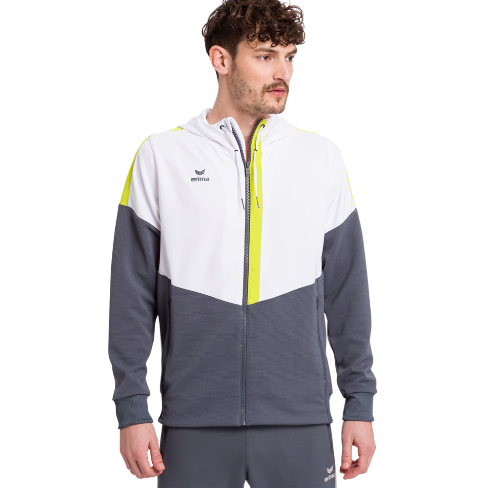 ERIMA SQUAD TRAINING JACKET WITH HOOD, WHITE-GREY SLATE-LIME KIDS. 