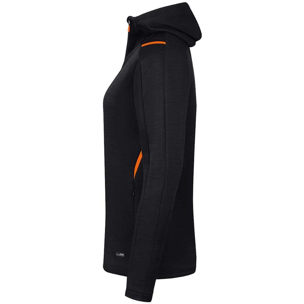 LEISURE JACKET JAKO CHALLENGE WITH HOOD, BLACK MELANGE-NEON ORANGE WOMEN. 