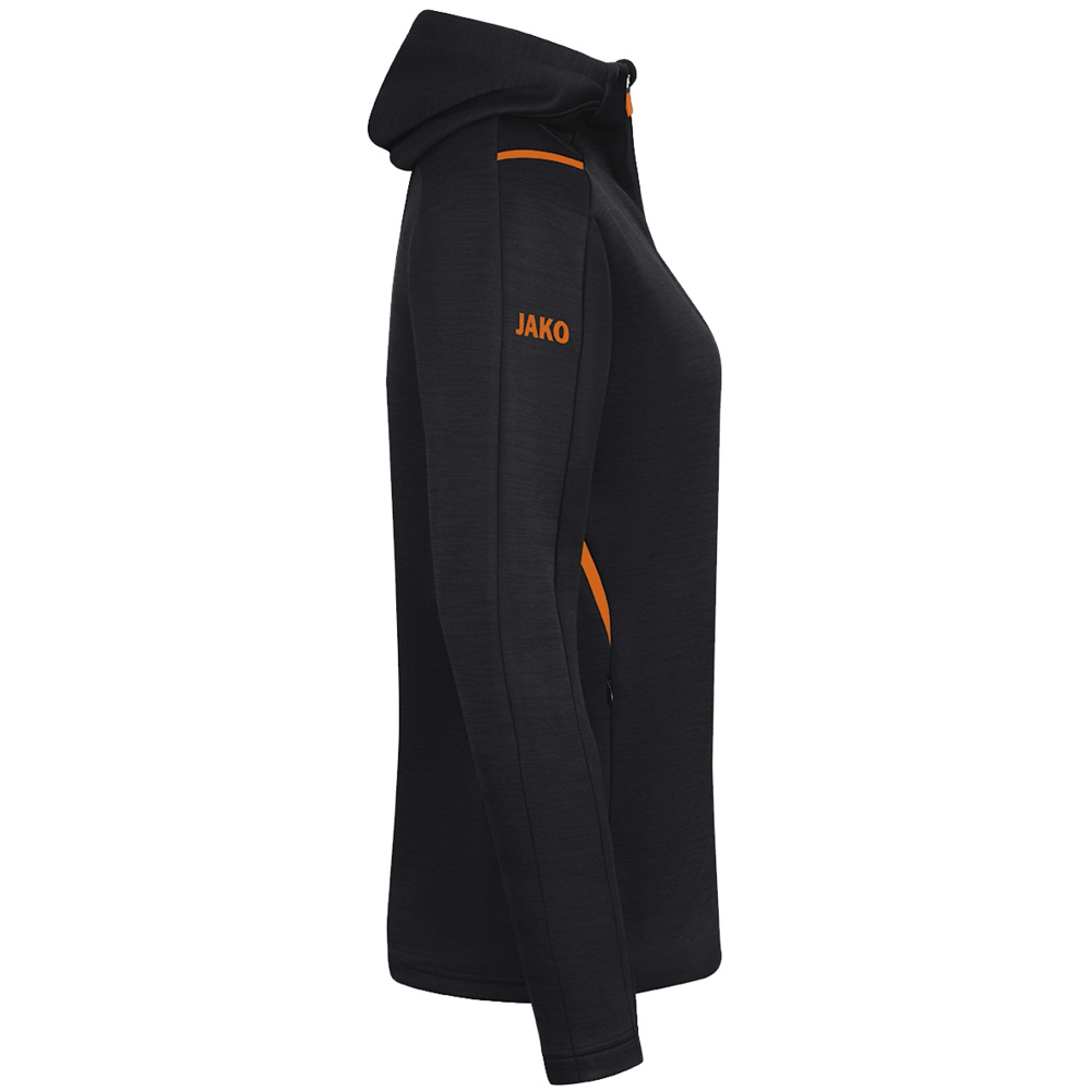 LEISURE JACKET JAKO CHALLENGE WITH HOOD, BLACK MELANGE-NEON ORANGE WOMEN. 