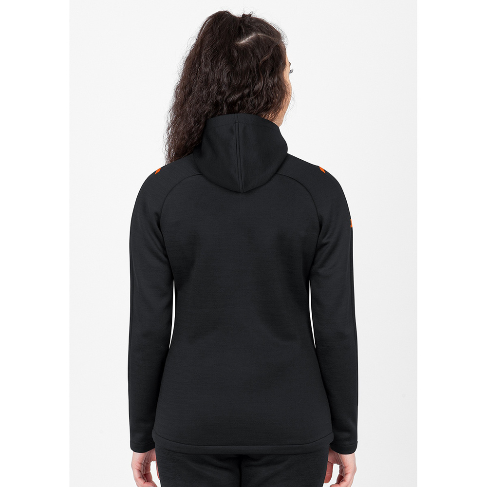 LEISURE JACKET JAKO CHALLENGE WITH HOOD, BLACK MELANGE-NEON ORANGE WOMEN. 