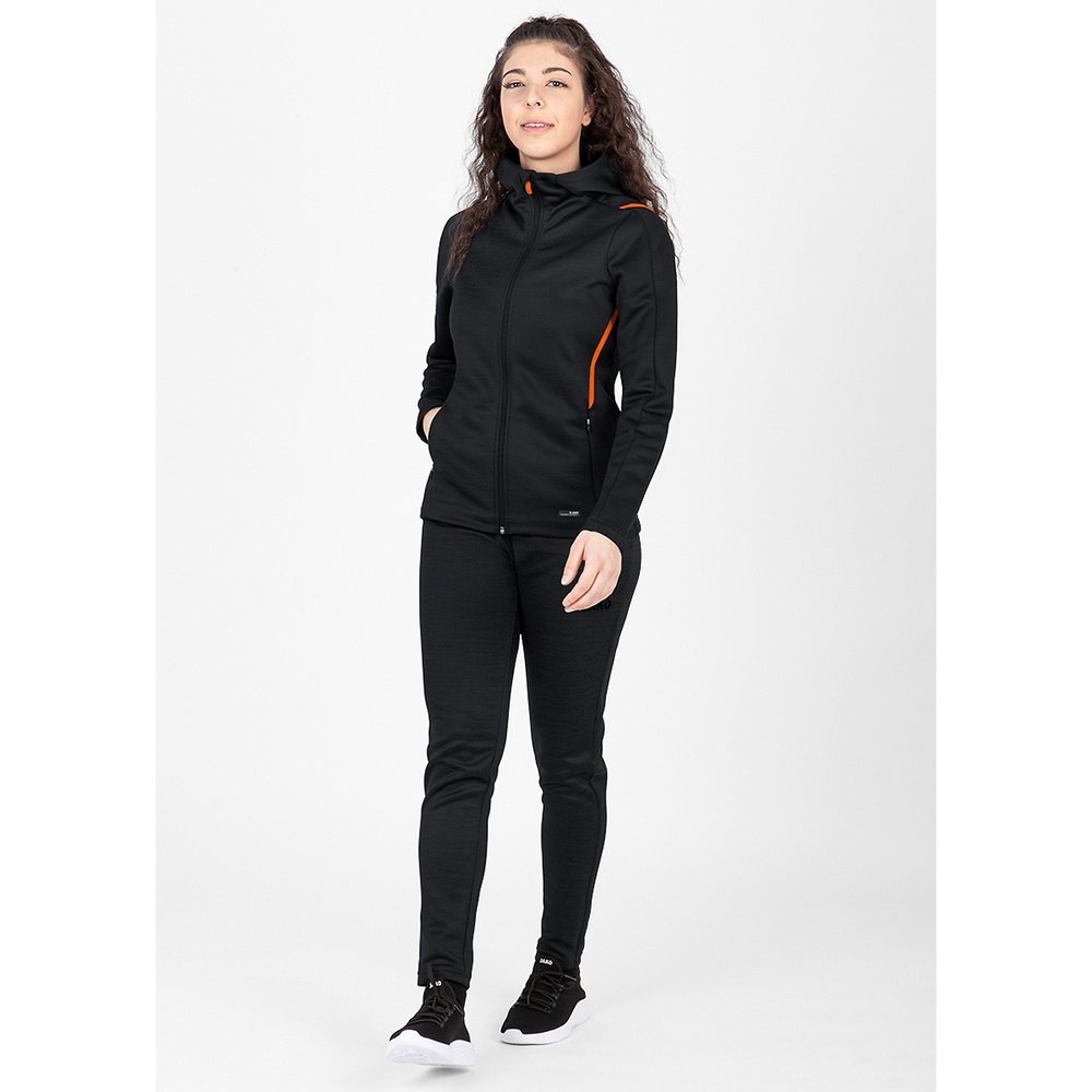 LEISURE JACKET JAKO CHALLENGE WITH HOOD, BLACK MELANGE-NEON ORANGE WOMEN. 