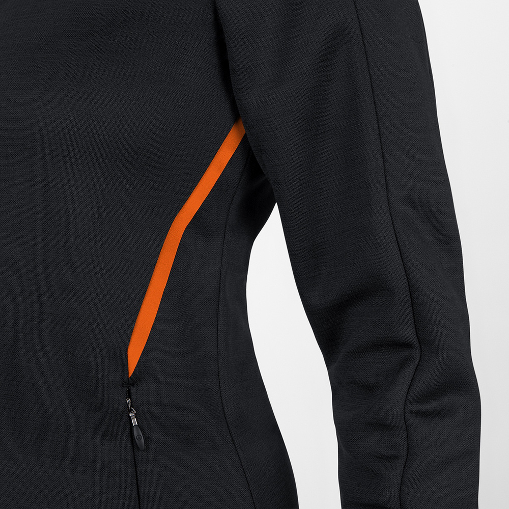 LEISURE JACKET JAKO CHALLENGE WITH HOOD, BLACK MELANGE-NEON ORANGE WOMEN. 