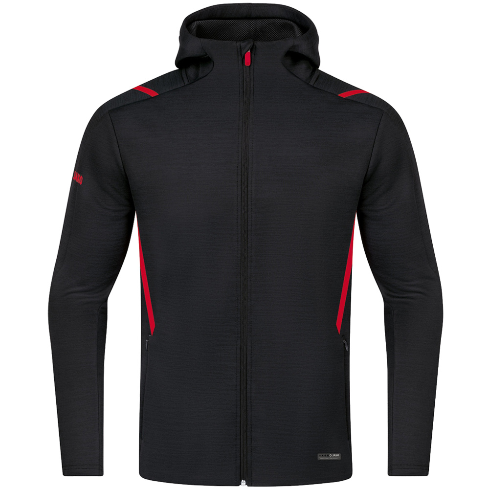 LEISURE JACKET JAKO CHALLENGE WITH HOOD, BLACK MELANGE-RED KIDS. 