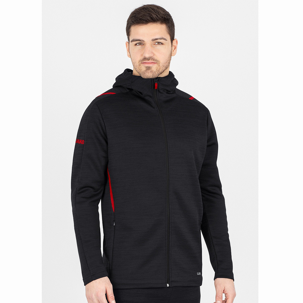 LEISURE JACKET JAKO CHALLENGE WITH HOOD, BLACK MELANGE-RED KIDS. 