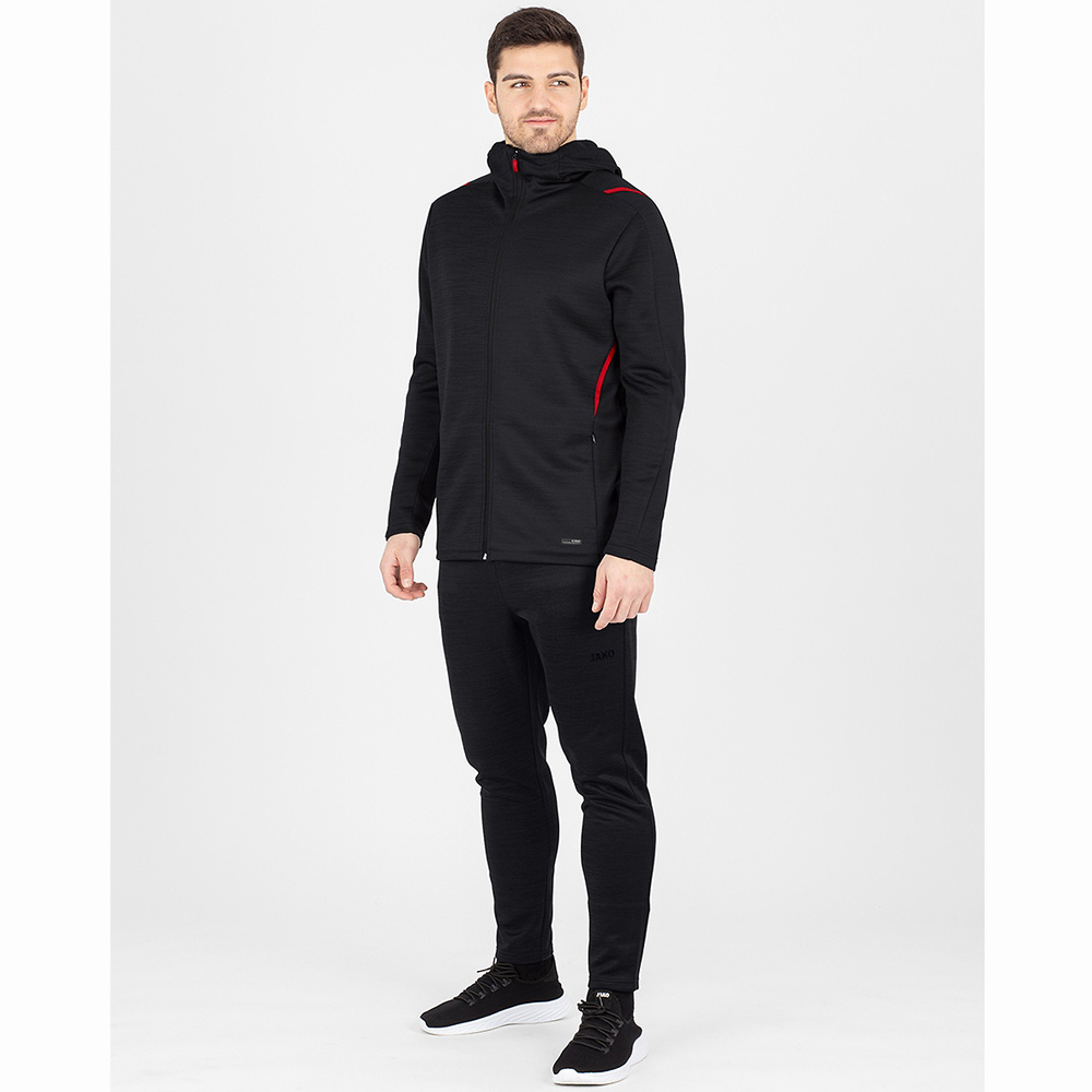 LEISURE JACKET JAKO CHALLENGE WITH HOOD, BLACK MELANGE-RED MEN. 