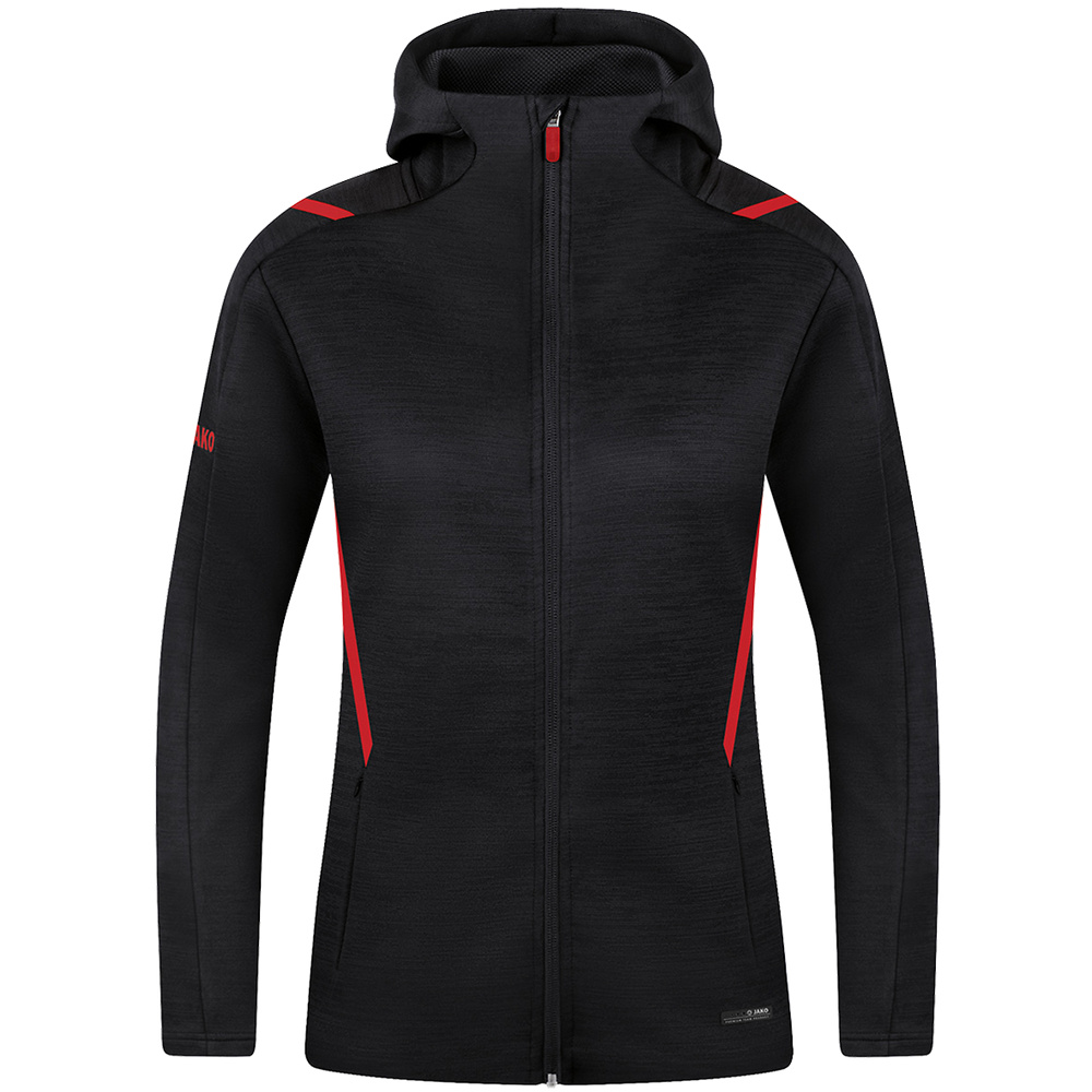 LEISURE JACKET JAKO CHALLENGE WITH HOOD, BLACK MELANGE-RED WOMEN. 