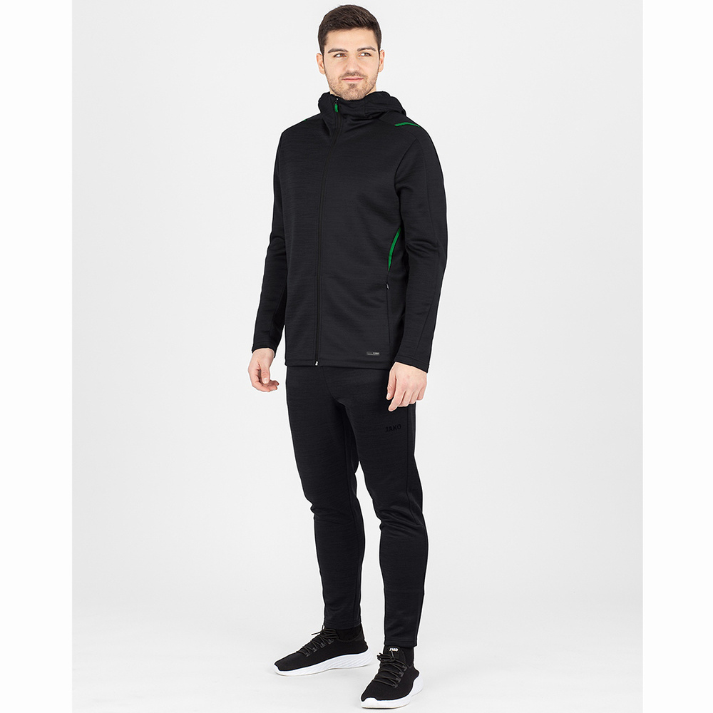 LEISURE JACKET JAKO CHALLENGE WITH HOOD, BLACK MELANGE-SPORT GREEN MEN. 