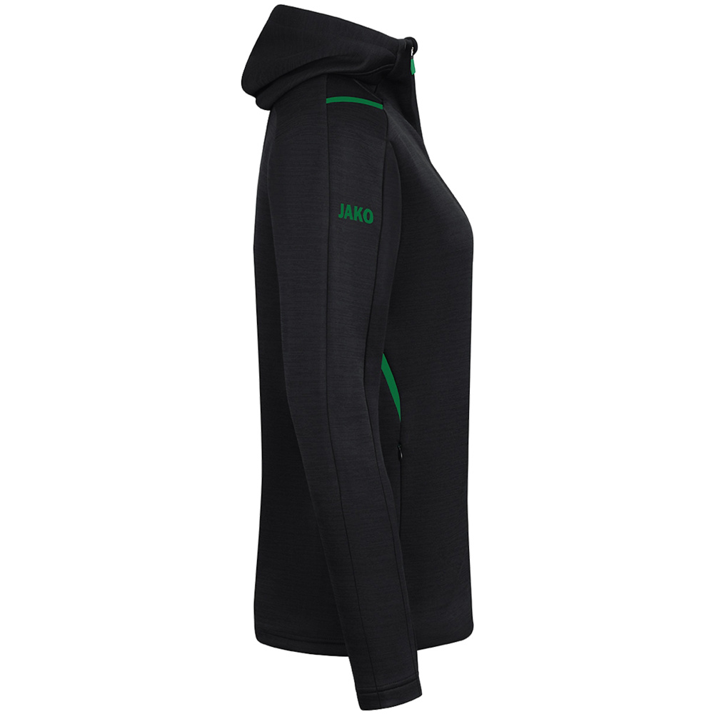 LEISURE JACKET JAKO CHALLENGE WITH HOOD, BLACK MELANGE-SPORT GREEN WOMEN. 