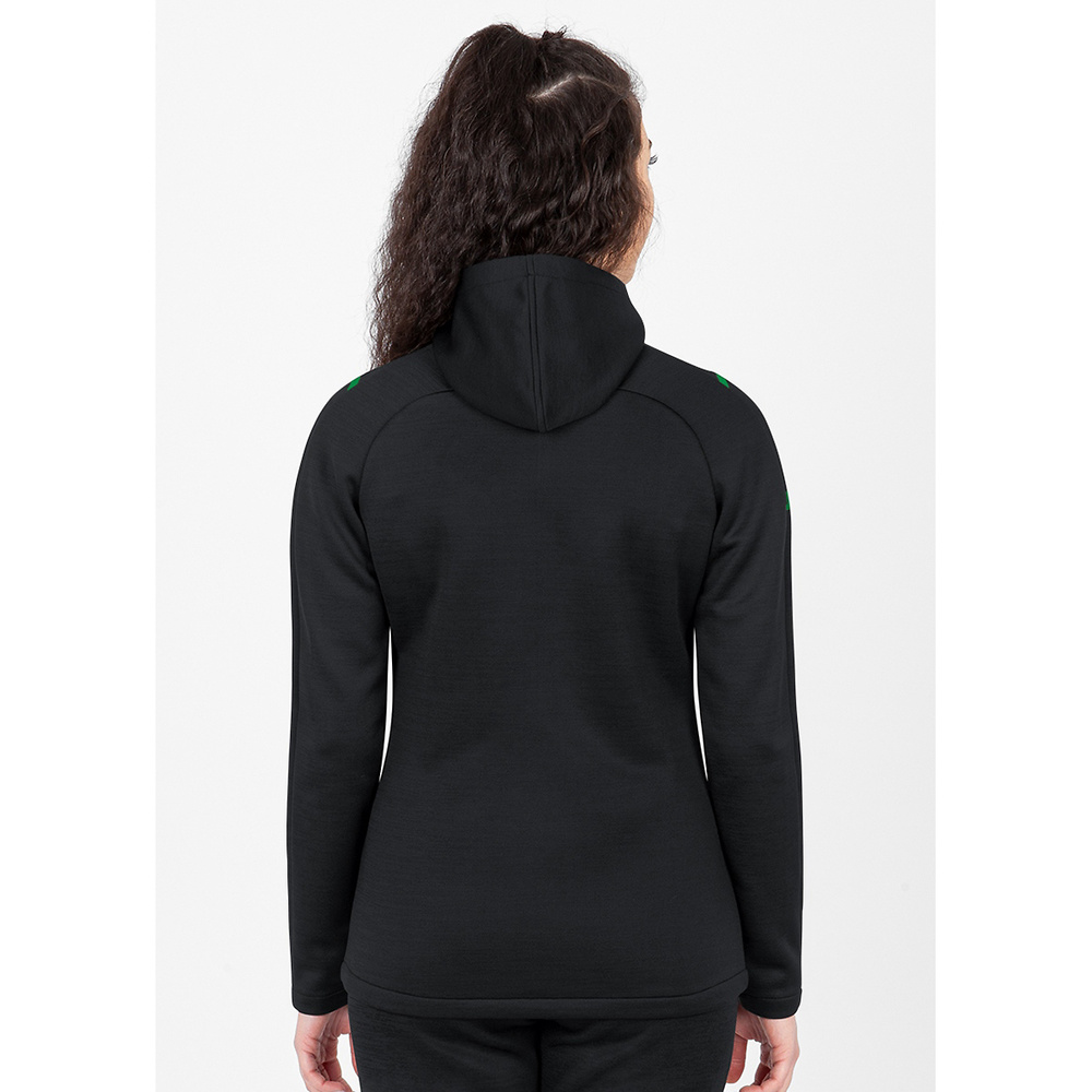 LEISURE JACKET JAKO CHALLENGE WITH HOOD, BLACK MELANGE-SPORT GREEN WOMEN. 