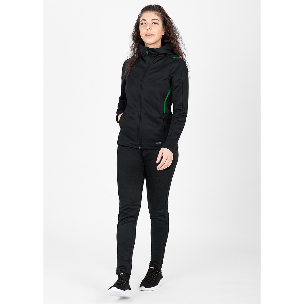 LEISURE JACKET JAKO CHALLENGE WITH HOOD, BLACK MELANGE-SPORT GREEN WOMEN. 