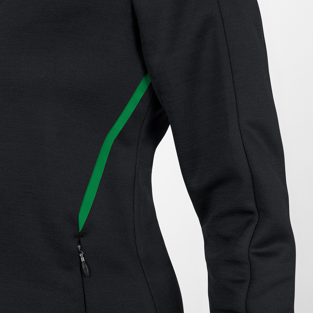 LEISURE JACKET JAKO CHALLENGE WITH HOOD, BLACK MELANGE-SPORT GREEN WOMEN. 