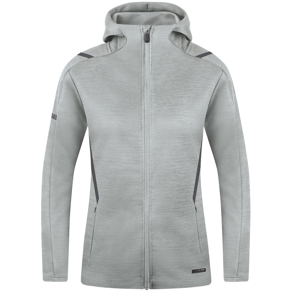 LEISURE JACKET JAKO CHALLENGE WITH HOOD, LIGHT GREY MELANGE-LIGHT ANTHRA WOMEN. 