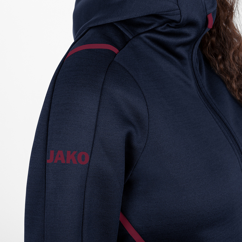 LEISURE JACKET JAKO CHALLENGE WITH HOOD, SEABLUE MELANGE-MAROON WOMEN. 