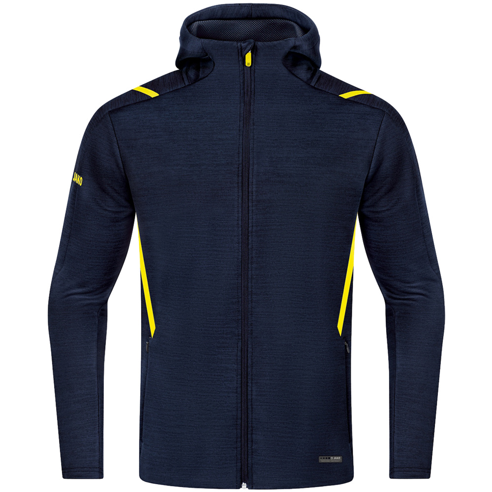 LEISURE JACKET JAKO CHALLENGE WITH HOOD, SEABLUE MELANGE-NEON YELLOW KIDS. 