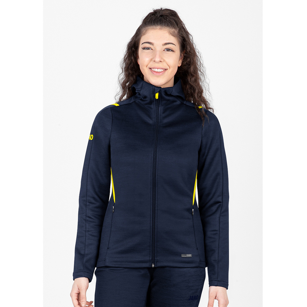 LEISURE JACKET JAKO CHALLENGE WITH HOOD, SEABLUE MELANGE-NEON YELLOW WOMEN. 