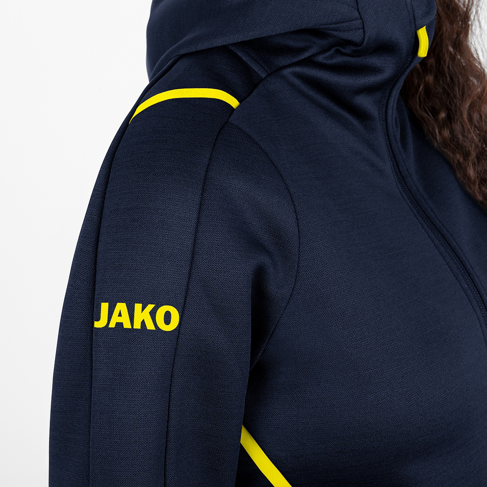 LEISURE JACKET JAKO CHALLENGE WITH HOOD, SEABLUE MELANGE-NEON YELLOW WOMEN. 