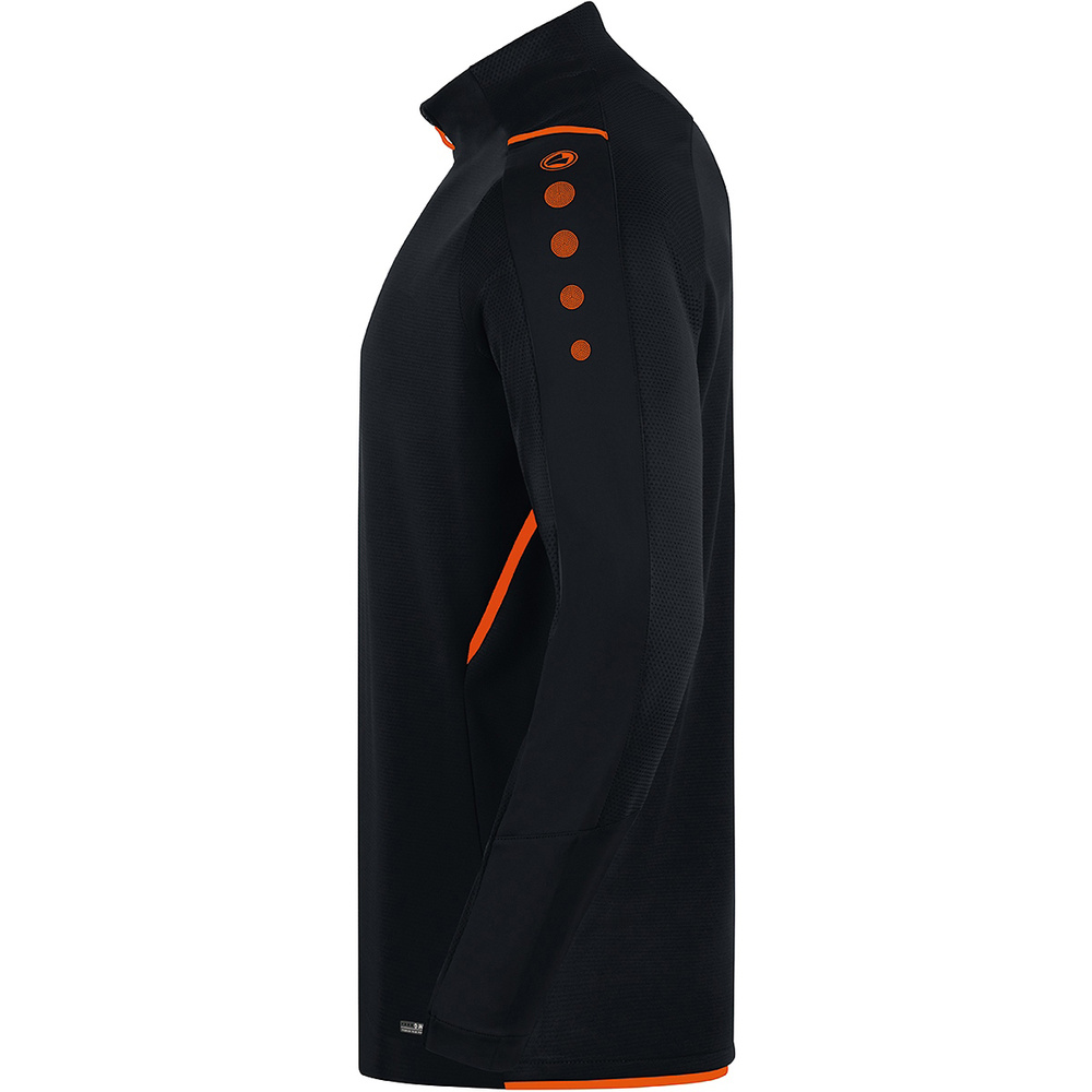 SUDADERA ZIP TOP JAKO CHALLENGE, NEGRA-NARANJA NEÓN NIÑO. 