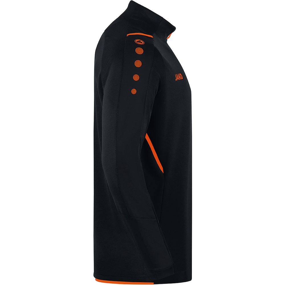 SUDADERA ZIP TOP JAKO CHALLENGE, NEGRA-NARANJA NEÓN NIÑO. 