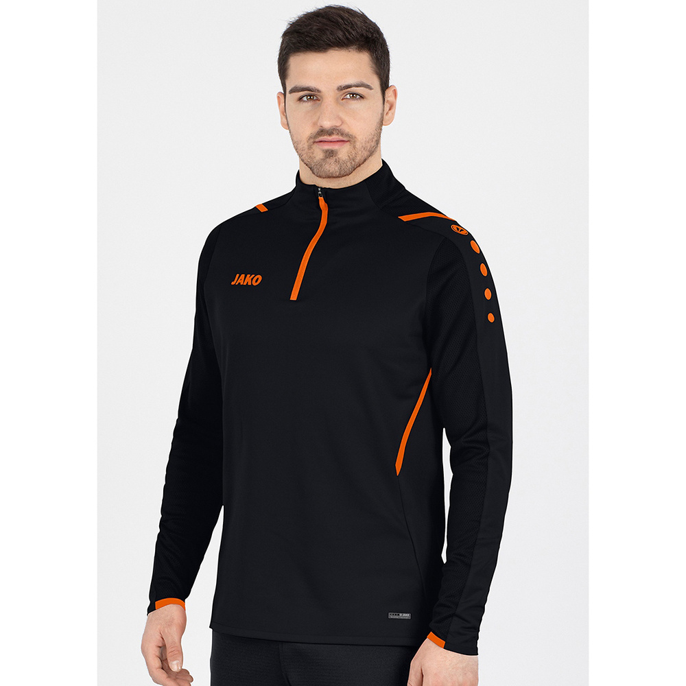 SUDADERA ZIP TOP JAKO CHALLENGE, NEGRA-NARANJA NEÓN NIÑO. 