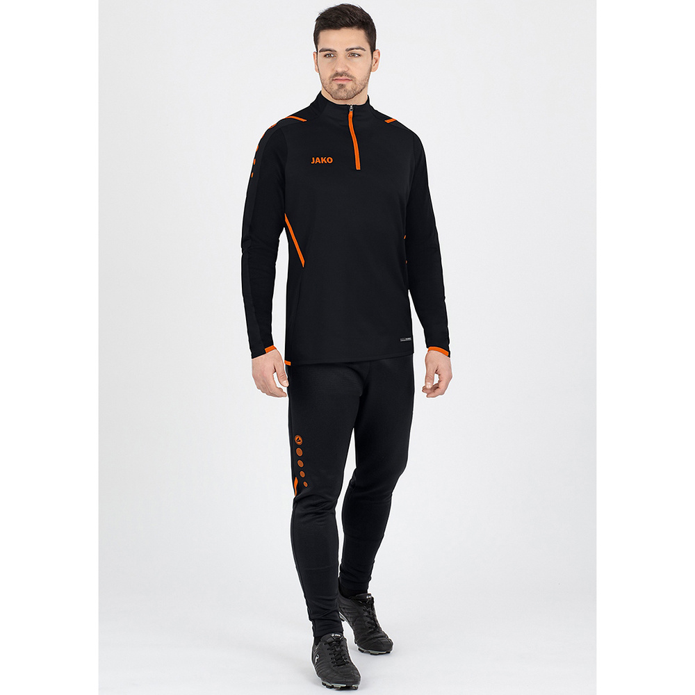 SUDADERA ZIP TOP JAKO CHALLENGE, NEGRA-NARANJA NEÓN NIÑO. 