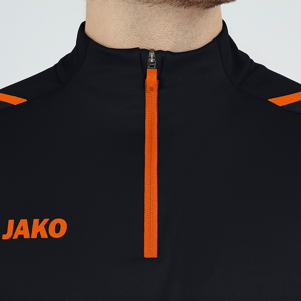 SUDADERA ZIP TOP JAKO CHALLENGE, NEGRA-NARANJA NEÓN NIÑO. 