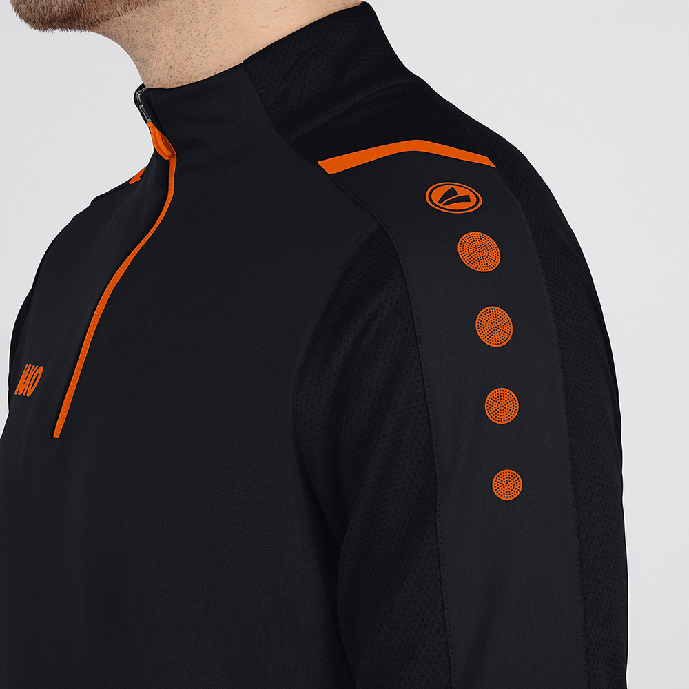 SUDADERA ZIP TOP JAKO CHALLENGE, NEGRA-NARANJA NEÓN NIÑO. 