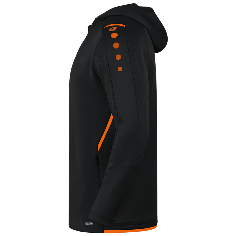 TRAINING JACKET JAKO CHALLENGE WITH HOOD, BLACK-NEON ORANGE KIDS. 