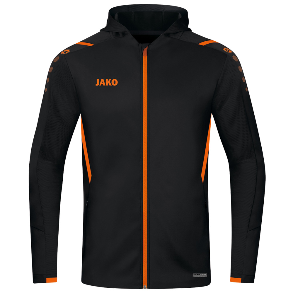 TRAINING JACKET JAKO CHALLENGE WITH HOOD, BLACK-NEON ORANGE MEN. 