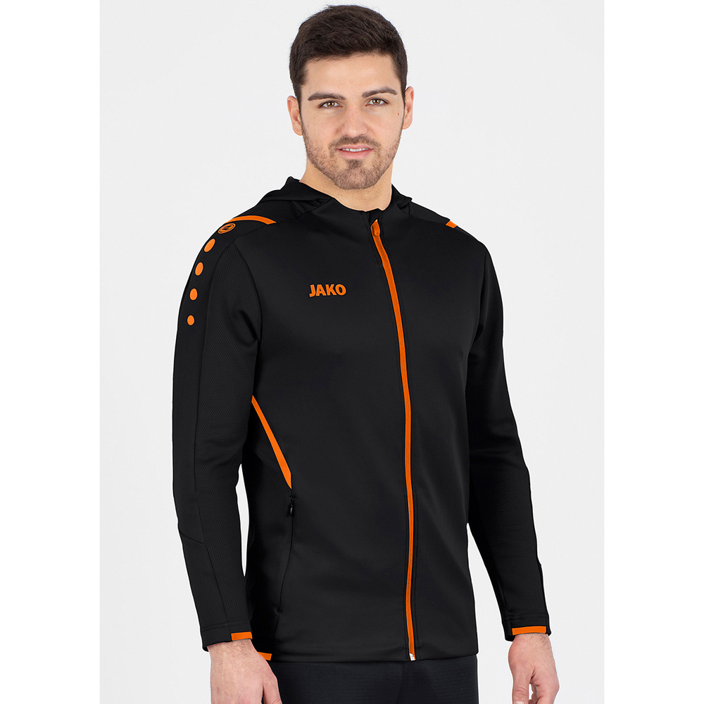 TRAINING JACKET JAKO CHALLENGE WITH HOOD, BLACK-NEON ORANGE MEN. 