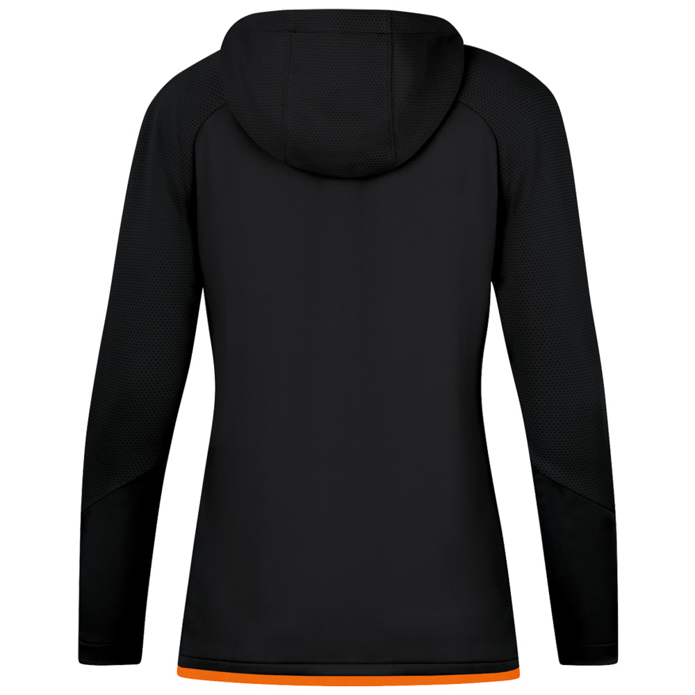 TRAINING JACKET JAKO CHALLENGE WITH HOOD, BLACK-NEON ORANGE WOMEN. 