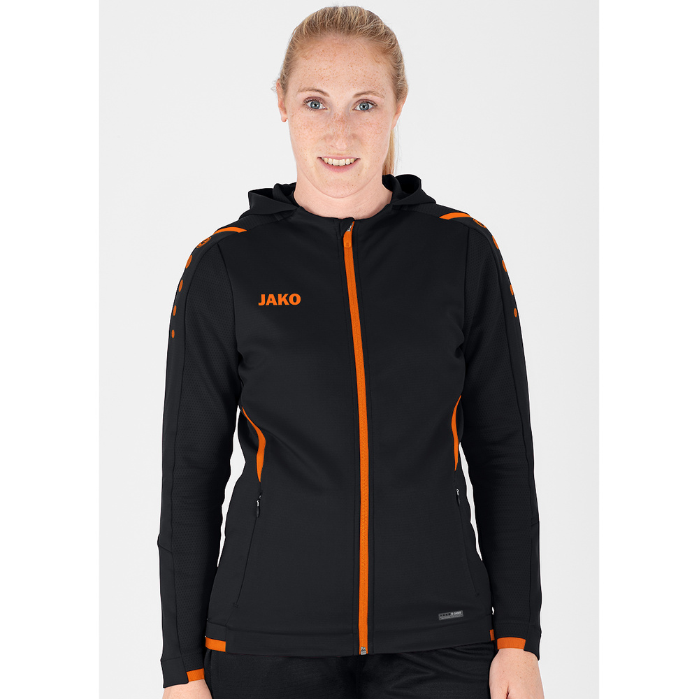 TRAINING JACKET JAKO CHALLENGE WITH HOOD, BLACK-NEON ORANGE WOMEN. 