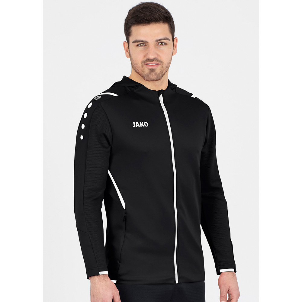 TRAINING JACKET JAKO CHALLENGE WITH HOOD, BLACK-WHITE MEN. 