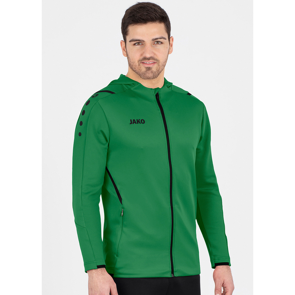 TRAINING JACKET JAKO CHALLENGE WITH HOOD, SPORT GREEN-BLACK KIDS. 