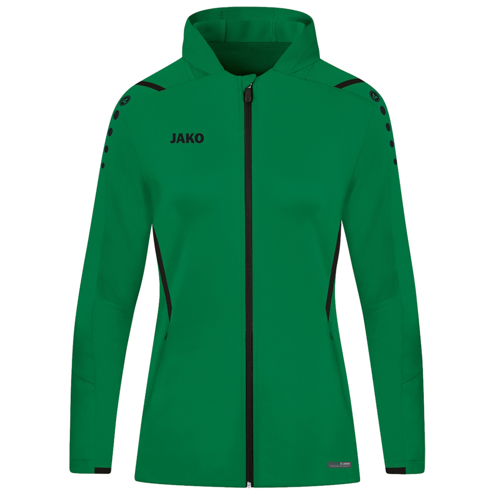 TRAINING JACKET JAKO CHALLENGE WITH HOOD, SPORT GREEN-BLACK WOMEN. 