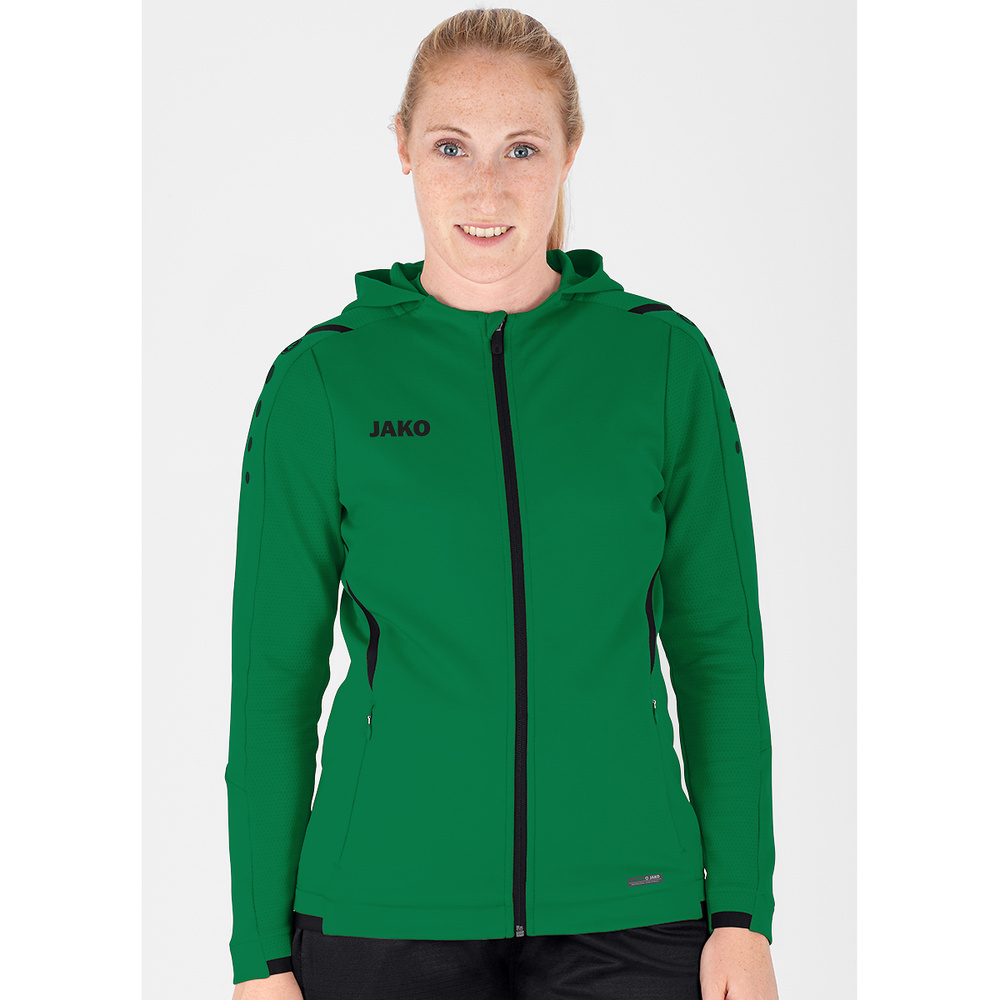 TRAINING JACKET JAKO CHALLENGE WITH HOOD, SPORT GREEN-BLACK WOMEN. 