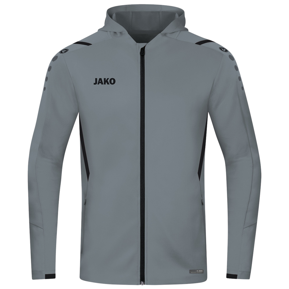 TRAINING JACKET JAKO CHALLENGE WITH HOOD, STONE GREY-BLACK KIDS. 